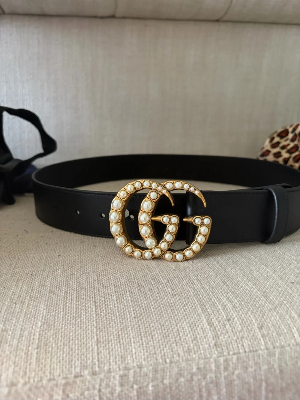 Gucci Double G Wide Leather Belt with Pearl Buckle, style 453260 DLX1T 9094